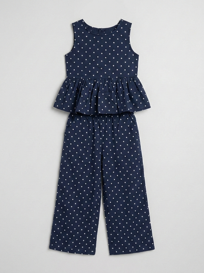 Girls' Midnight Polka Dot Muslin Co-ord Set – Navy Peplum Cami &amp; Wide-Leg Trouser Ensemble - Serromi