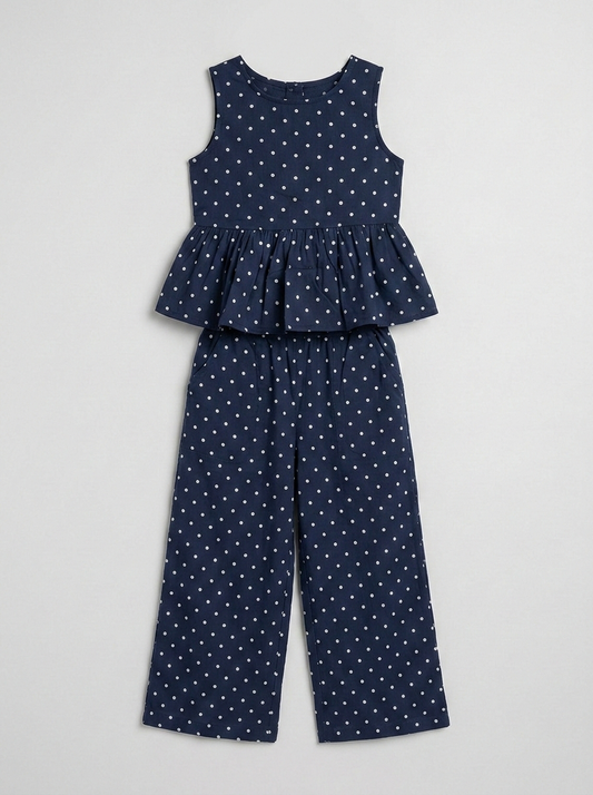 Girls' Midnight Polka Dot Muslin Co-ord Set – Navy Peplum Cami &amp; Wide-Leg Trouser Ensemble - Serromi