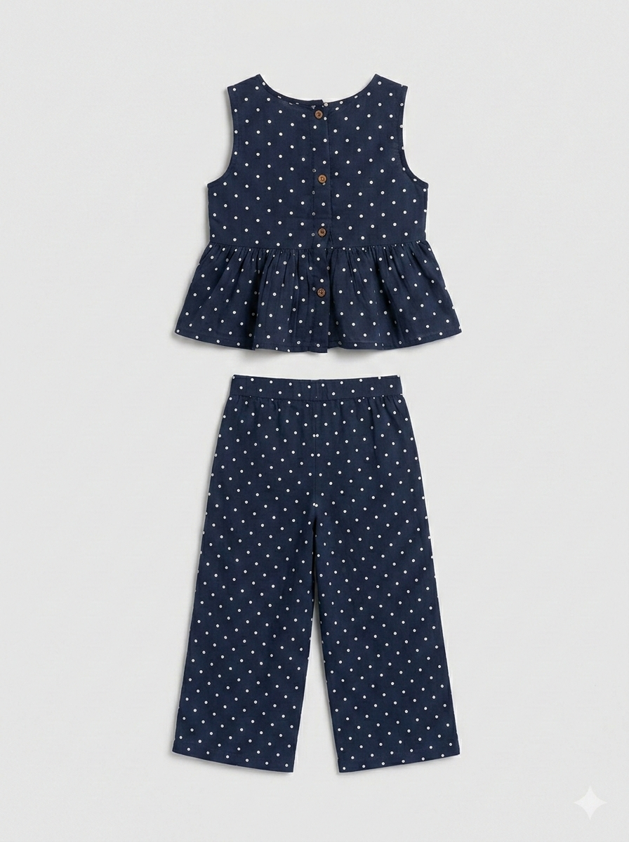 Girls' Midnight Polka Dot Muslin Co-ord Set – Navy Peplum Cami &amp; Wide-Leg Trouser Ensemble - Serromi