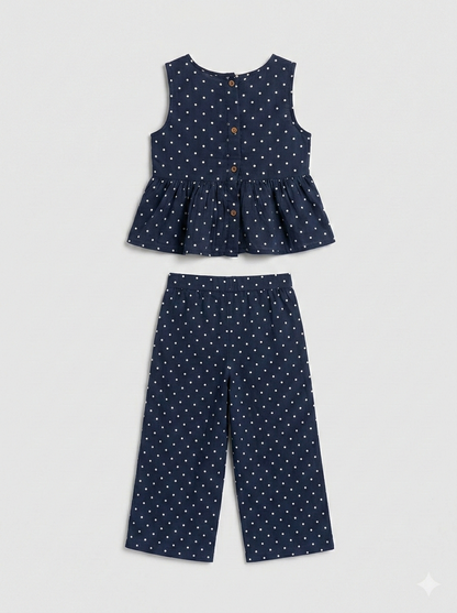 Girls' Midnight Polka Dot Muslin Co-ord Set – Navy Peplum Cami &amp; Wide-Leg Trouser Ensemble - Serromi