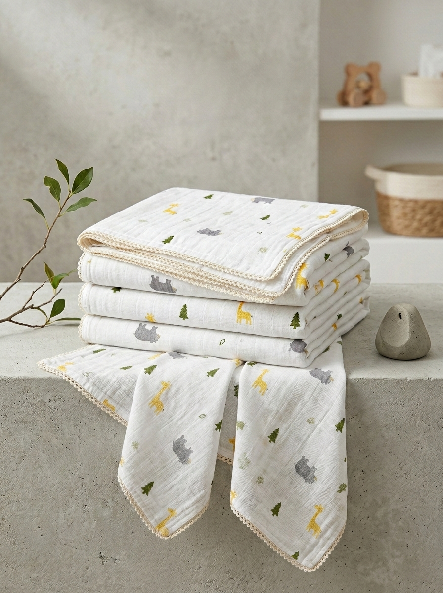 Premium Safari Muslin Swaddle – Scalloped Trim Organic Cotton Baby Wrap in Savanna Print - Serromi