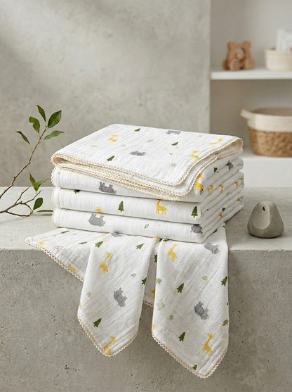 Premium Safari Muslin Swaddle – Scalloped Trim Organic Cotton Baby Wrap in Savanna Print - Serromi