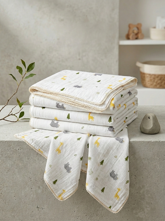 Premium Safari Muslin Swaddle – Scalloped Trim Organic Cotton Baby Wrap in Savanna Print - Serromi