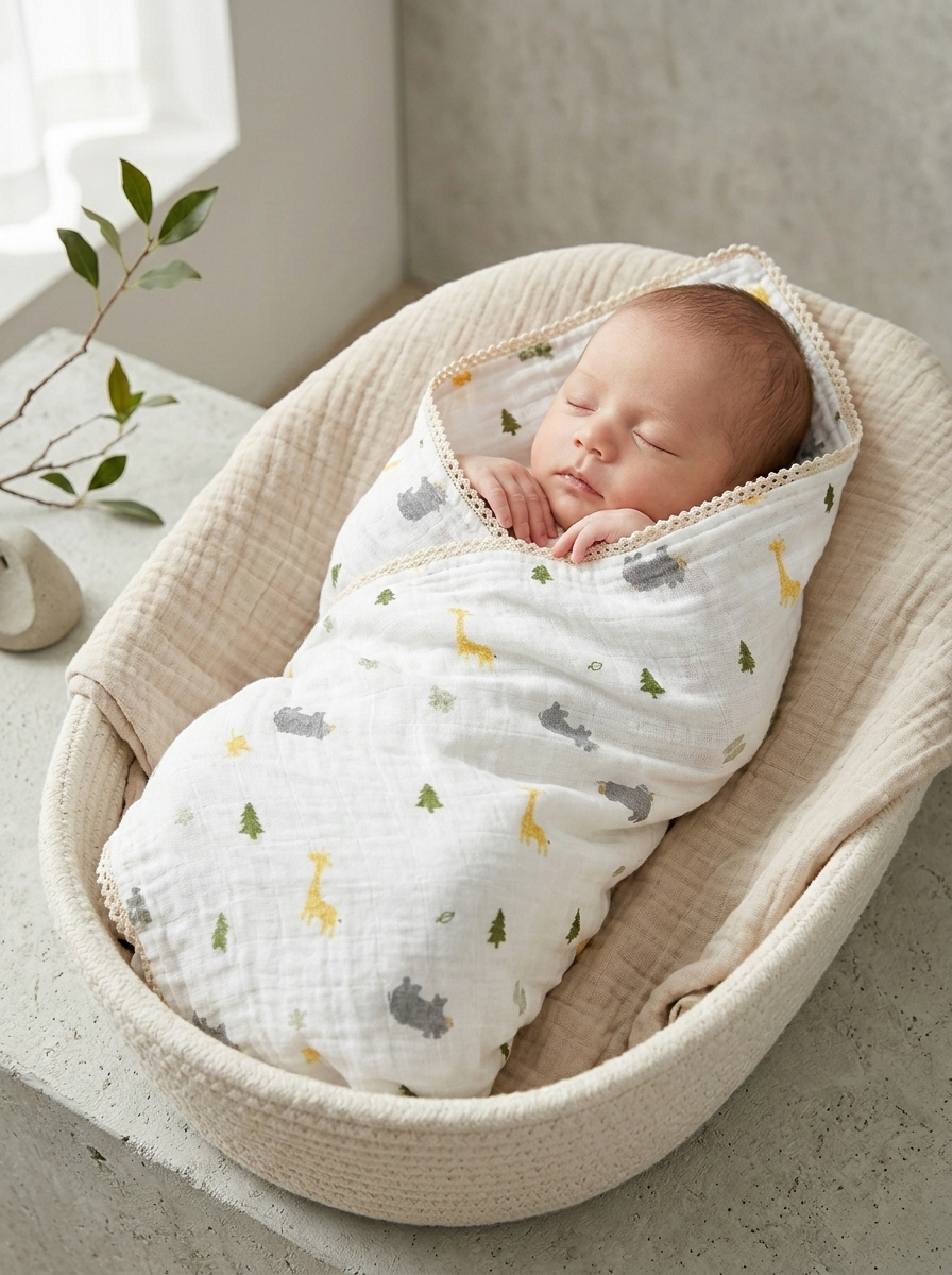 Premium Safari Muslin Swaddle – Scalloped Trim Organic Cotton Baby Wrap in Savanna Print - Serromi