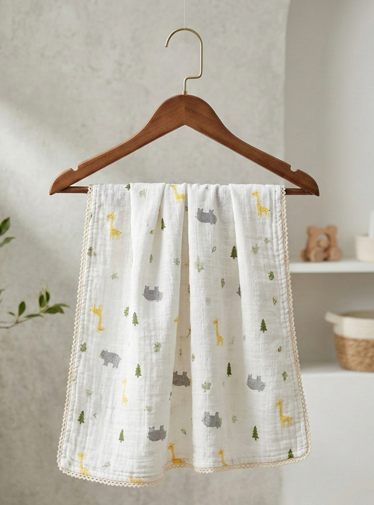 Premium Safari Muslin Swaddle – Scalloped Trim Organic Cotton Baby Wrap in Savanna Print
