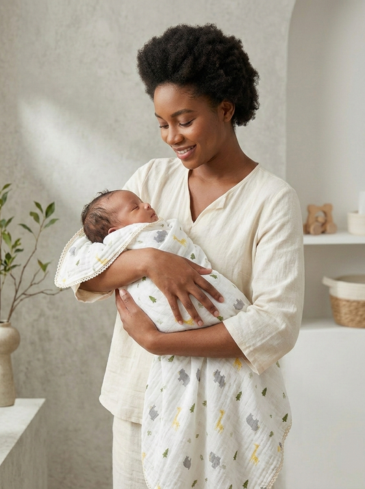 Premium Safari Muslin Swaddle – Scalloped Trim Organic Cotton Baby Wrap in Savanna Print - Serromi