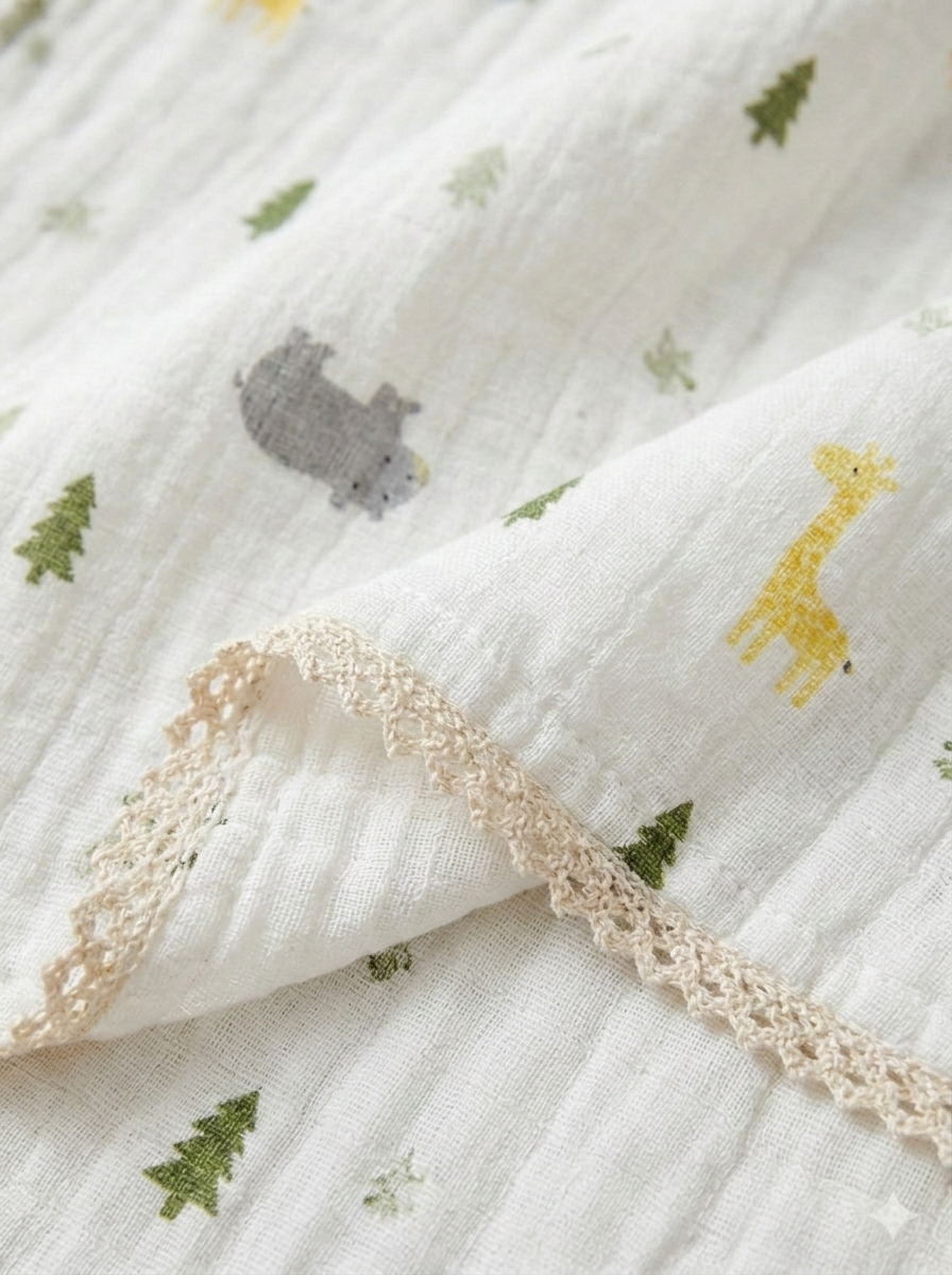 Premium Safari Muslin Swaddle – Scalloped Trim Organic Cotton Baby Wrap in Savanna Print - Serromi
