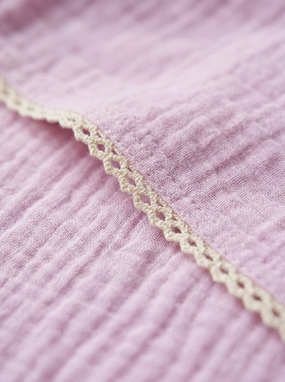 Lavender Mist Organic Muslin Hooded Swaddle – Scalloped Lace Trim Wrap in Breathable Cotton Gauze - Serromi