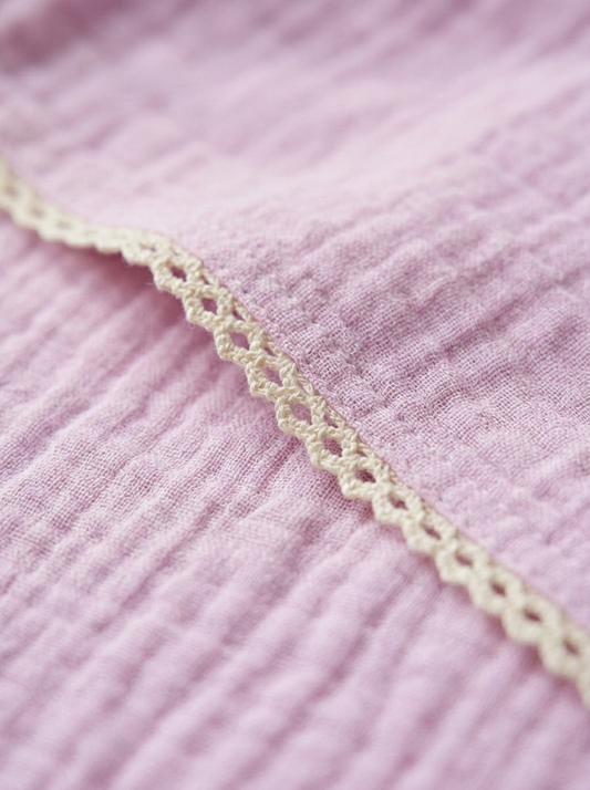 Lavender Mist Organic Muslin Hooded Swaddle – Scalloped Lace Trim Wrap in Breathable Cotton Gauze - Serromi
