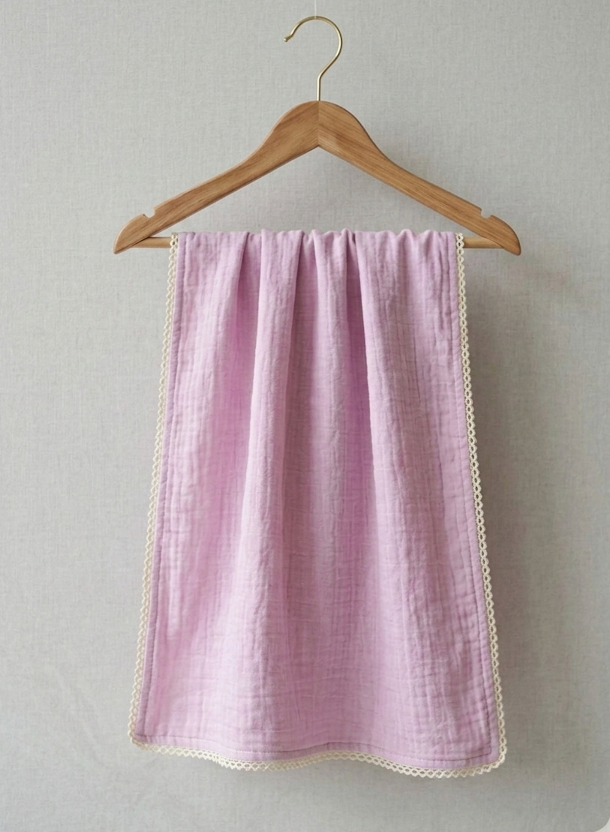 Lavender Mist Organic Muslin Hooded Swaddle – Scalloped Lace Trim Wrap in Breathable Cotton Gauze