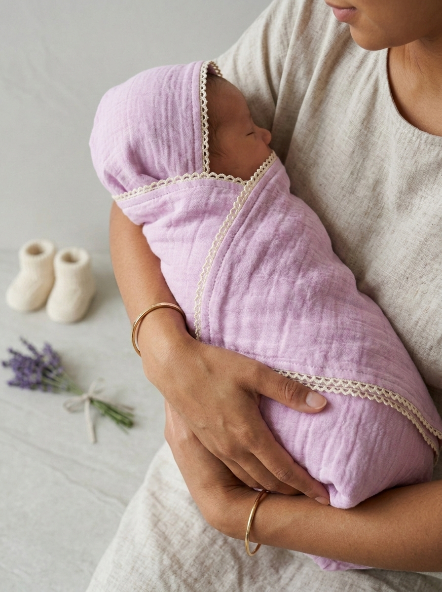 Lavender Mist Organic Muslin Hooded Swaddle – Scalloped Lace Trim Wrap in Breathable Cotton Gauze - Serromi