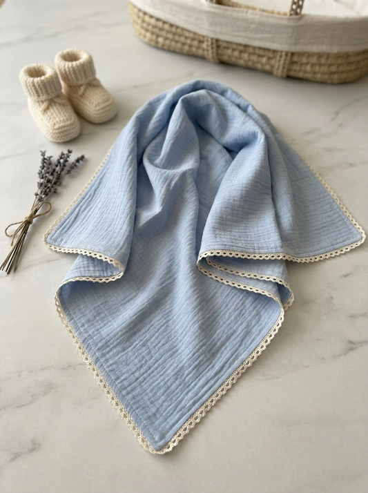 Newborn Cloud-Touch Muslin Swaddle – Scalloped Lace Trim Wrap in Serene Azure - Serromi