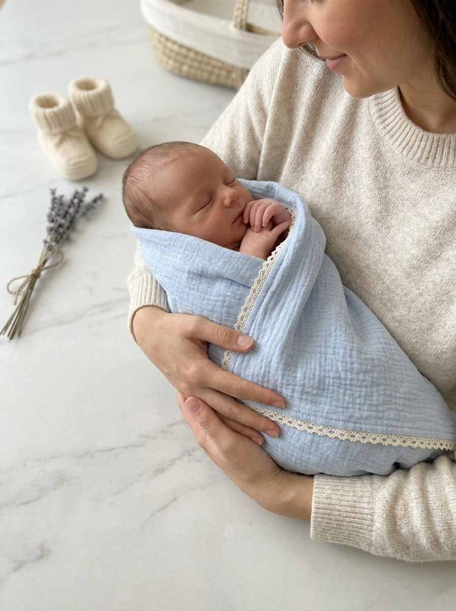 Newborn Cloud-Touch Muslin Swaddle – Scalloped Lace Trim Wrap in Serene Azure - Serromi