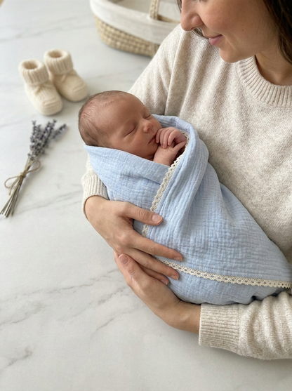 Newborn Cloud-Touch Muslin Swaddle – Scalloped Lace Trim Wrap in Serene Azure - Serromi
