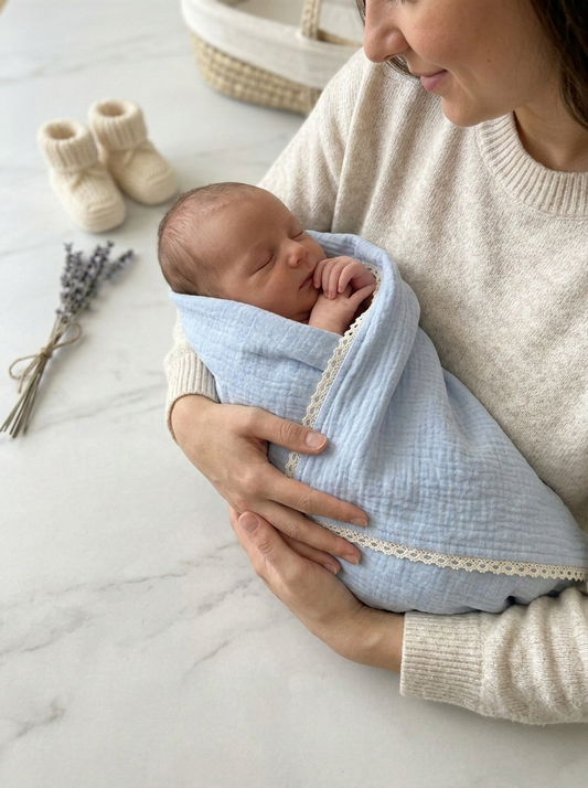 Newborn Cloud-Touch Muslin Swaddle – Scalloped Lace Trim Wrap in Serene Azure - Serromi