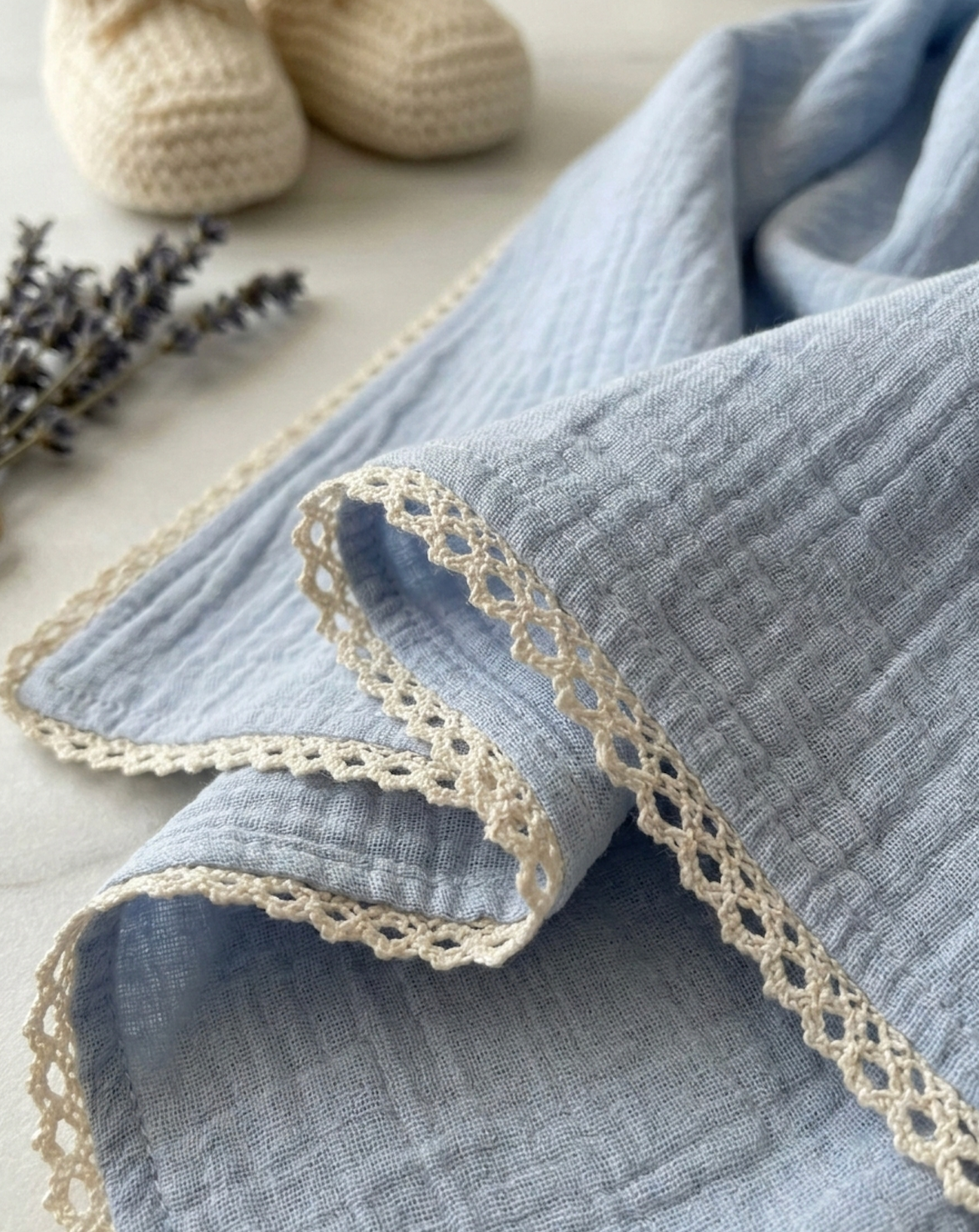 Newborn Cloud-Touch Muslin Swaddle – Scalloped Lace Trim Wrap in Serene Azure - Serromi