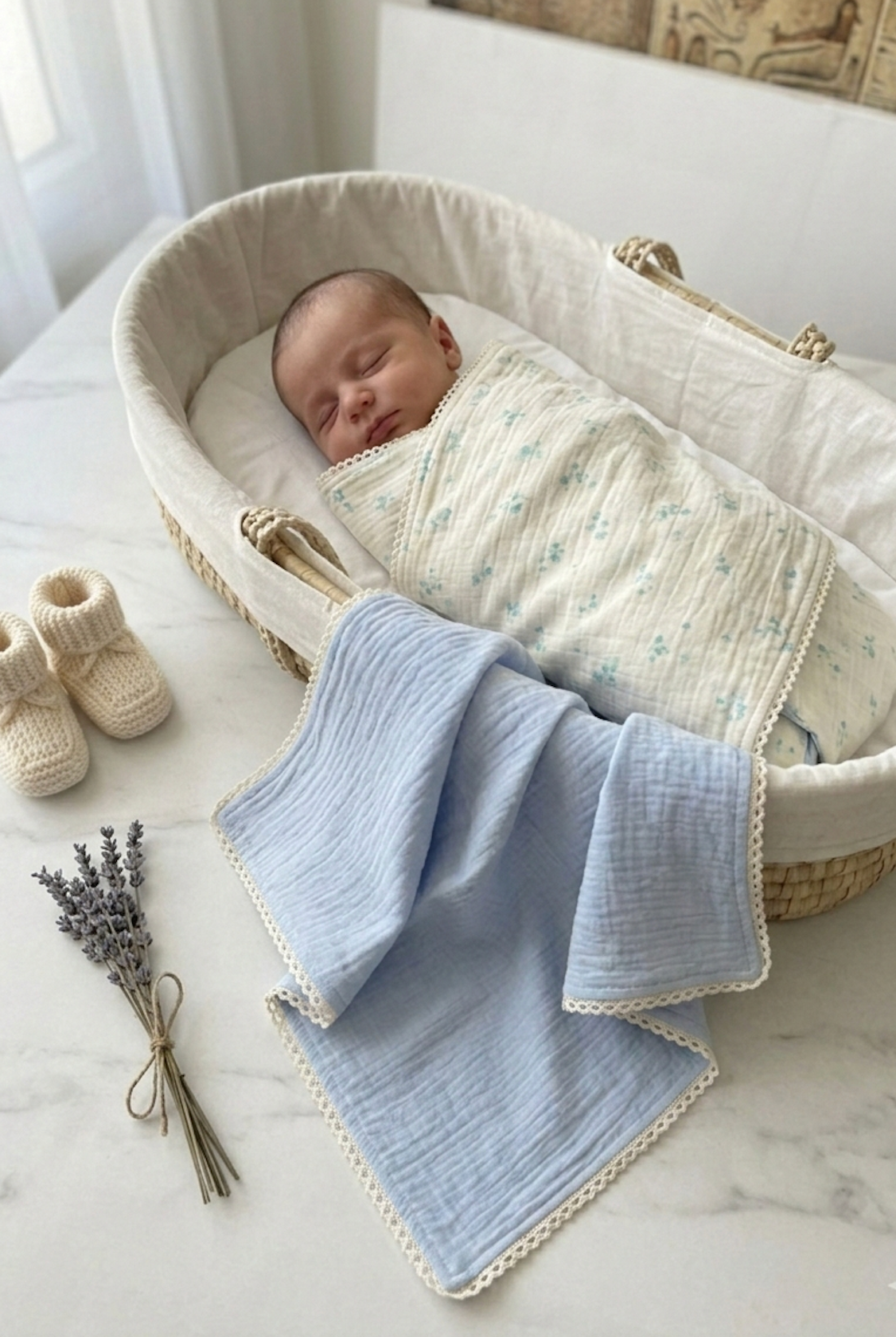 Premium Powder-Blue Reversible Muslin Swaddle – Scalloped Lace Trim Ditsy Floral Baby Wrap