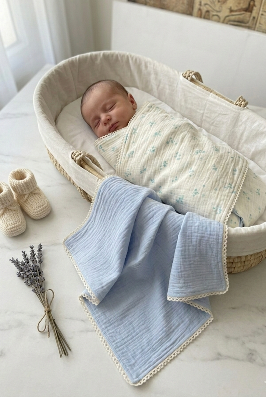 Premium Powder-Blue Reversible Muslin Swaddle – Scalloped Lace Trim Ditsy Floral Baby Wrap