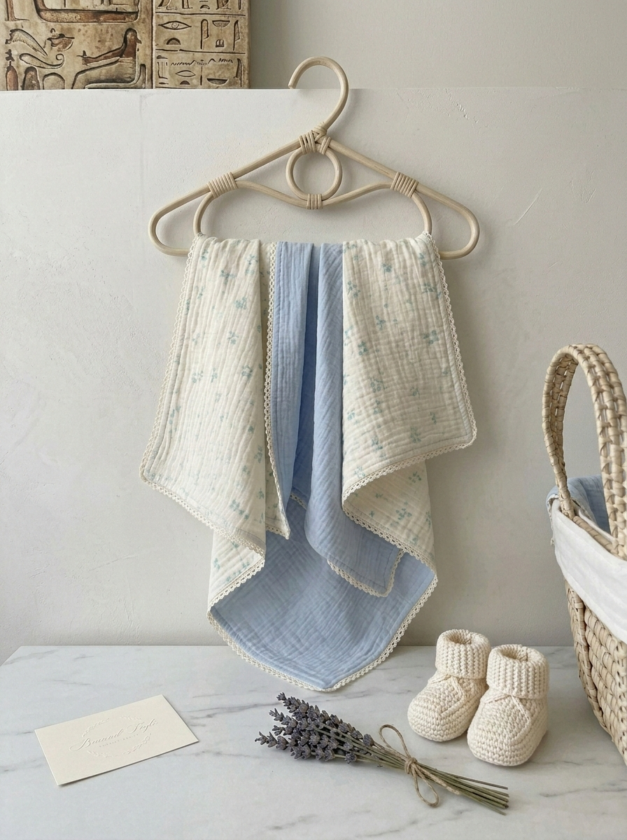 Premium Powder-Blue Reversible Muslin Swaddle – Scalloped Lace Trim Ditsy Floral Baby Wrap - Serromi