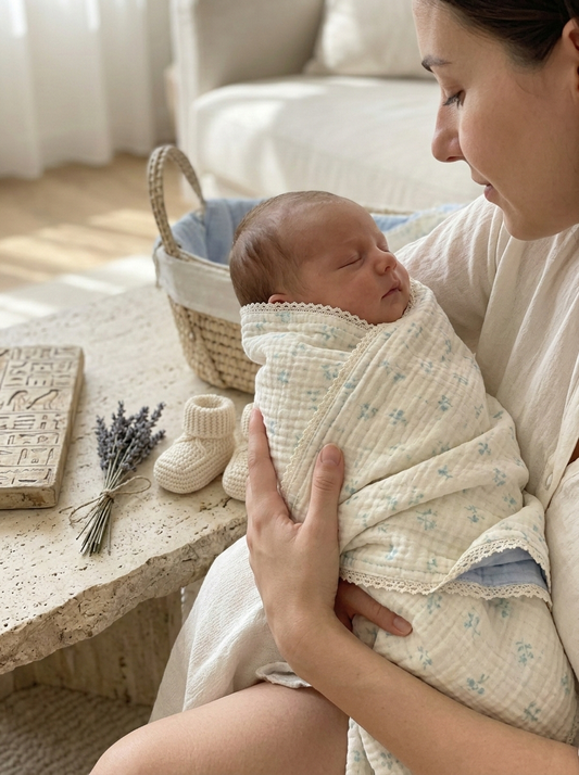 Premium Powder-Blue Reversible Muslin Swaddle – Scalloped Lace Trim Ditsy Floral Baby Wrap - Serromi
