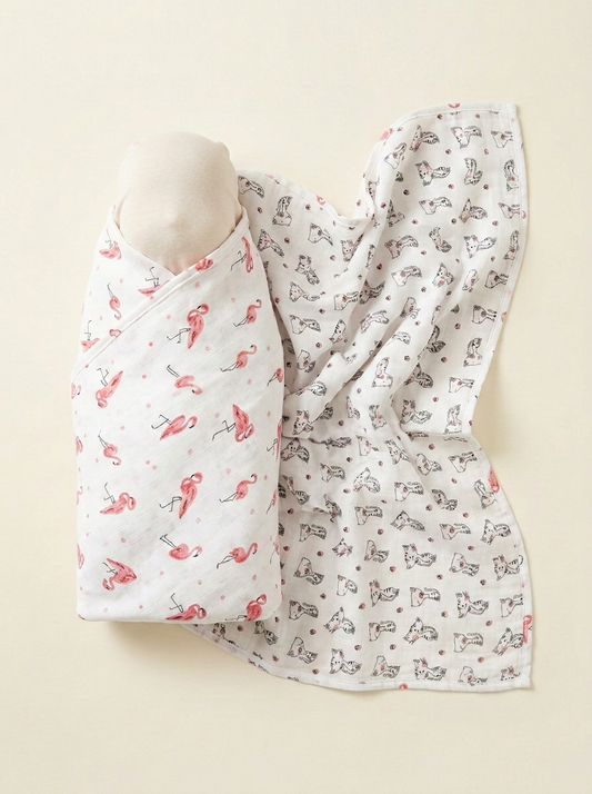 Premium Flamingo &amp; Tropical Flora Muslin Swaddle – Breathable Organic Cotton Baby Wrap in Blush and White - Serromi
