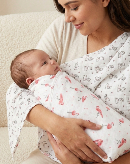Premium Flamingo &amp; Tropical Flora Muslin Swaddle – Breathable Organic Cotton Baby Wrap in Blush and White