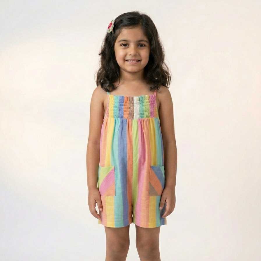 Girls' Multi-Stripe Smocked Linen Romper – Pastel Rainbow Summer Playsuit with Patch Pockets