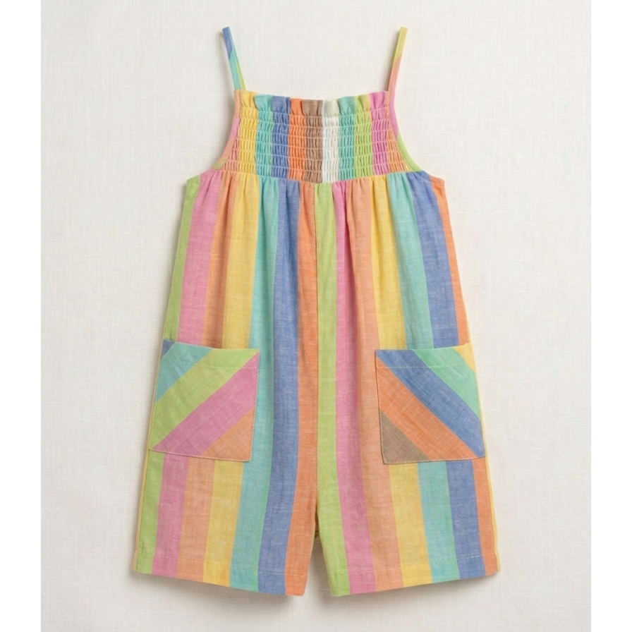 Girls' Multi-Stripe Smocked Linen Romper – Pastel Rainbow Summer Playsuit with Patch Pockets