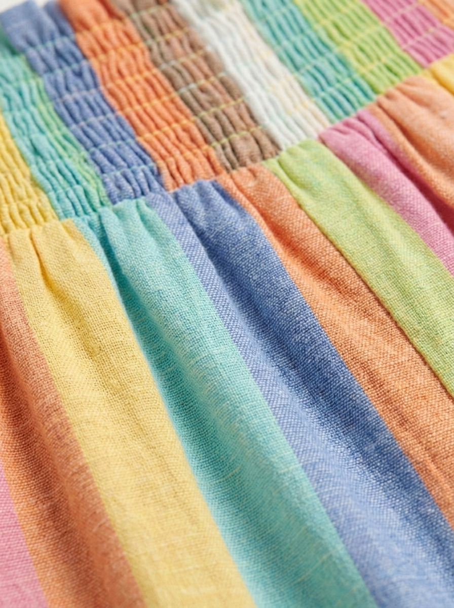 Girls' Multi-Stripe Smocked Linen Romper – Pastel Rainbow Summer Playsuit with Patch Pockets - Serromi