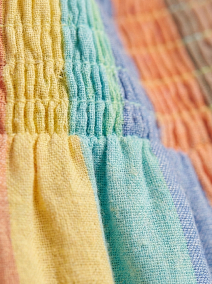 Girls' Multi-Stripe Smocked Linen Romper – Pastel Rainbow Summer Playsuit with Patch Pockets - Serromi