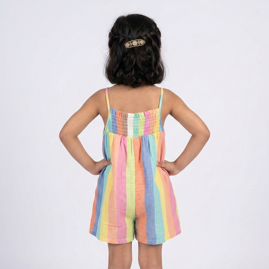Girls' Multi-Stripe Smocked Linen Romper – Pastel Rainbow Summer Playsuit with Patch Pockets
