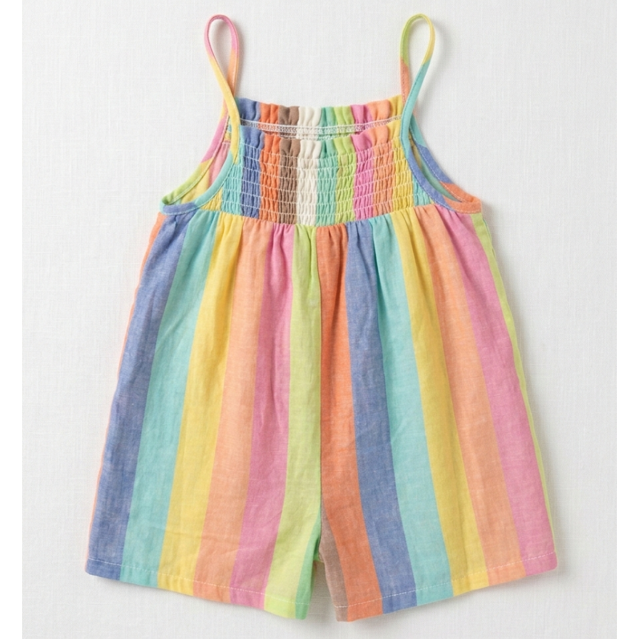Girls' Multi-Stripe Smocked Linen Romper – Pastel Rainbow Summer Playsuit with Patch Pockets