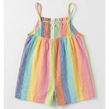 Girls' Multi-Stripe Smocked Linen Romper – Pastel Rainbow Summer Playsuit with Patch Pockets