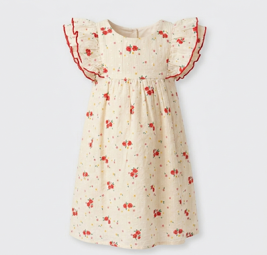 Girls' Crimson Rose Dobby Cotton Dress – Tiered Ruffle Sleeve Floral Party Dress in Cream - Serromi