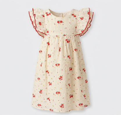Girls' Crimson Rose Dobby Cotton Dress – Tiered Ruffle Sleeve Floral Party Dress in Cream - Serromi
