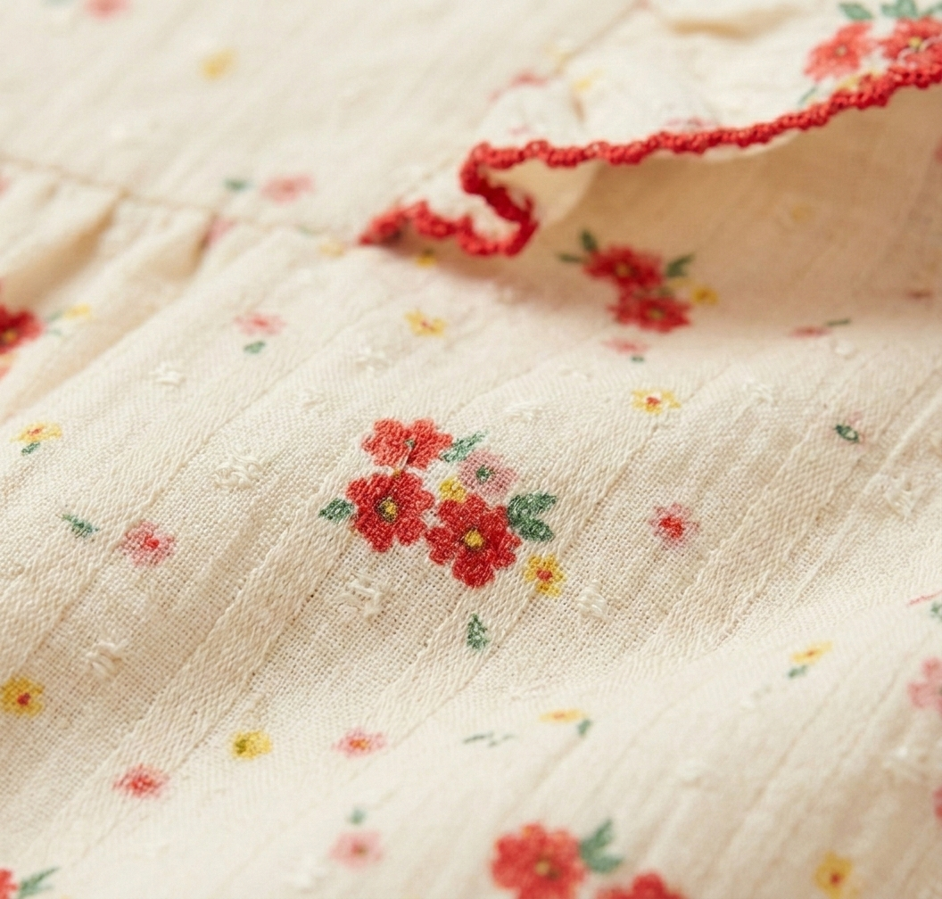 Girls' Crimson Rose Dobby Cotton Dress – Tiered Ruffle Sleeve Floral Party Dress in Cream - Serromi