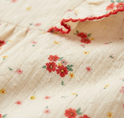 Girls' Crimson Rose Dobby Cotton Dress – Tiered Ruffle Sleeve Floral Party Dress in Cream - Serromi