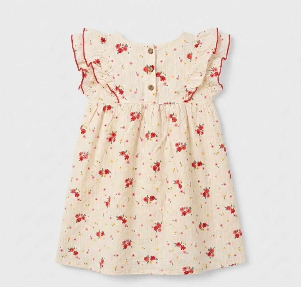 Girls' Crimson Rose Dobby Cotton Dress – Tiered Ruffle Sleeve Floral Party Dress in Cream - Serromi