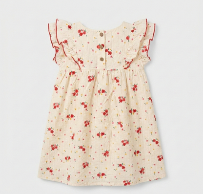 Girls' Crimson Rose Dobby Cotton Dress – Tiered Ruffle Sleeve Floral Party Dress in Cream - Serromi