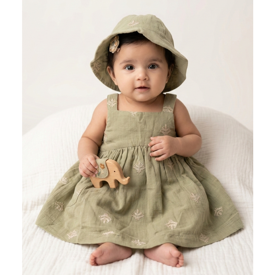 Girls' Premium Sage Moss Embroidered Muslin Dress – Organic Cotton Pinafore &amp; Wide-Brim Sun Hat Set