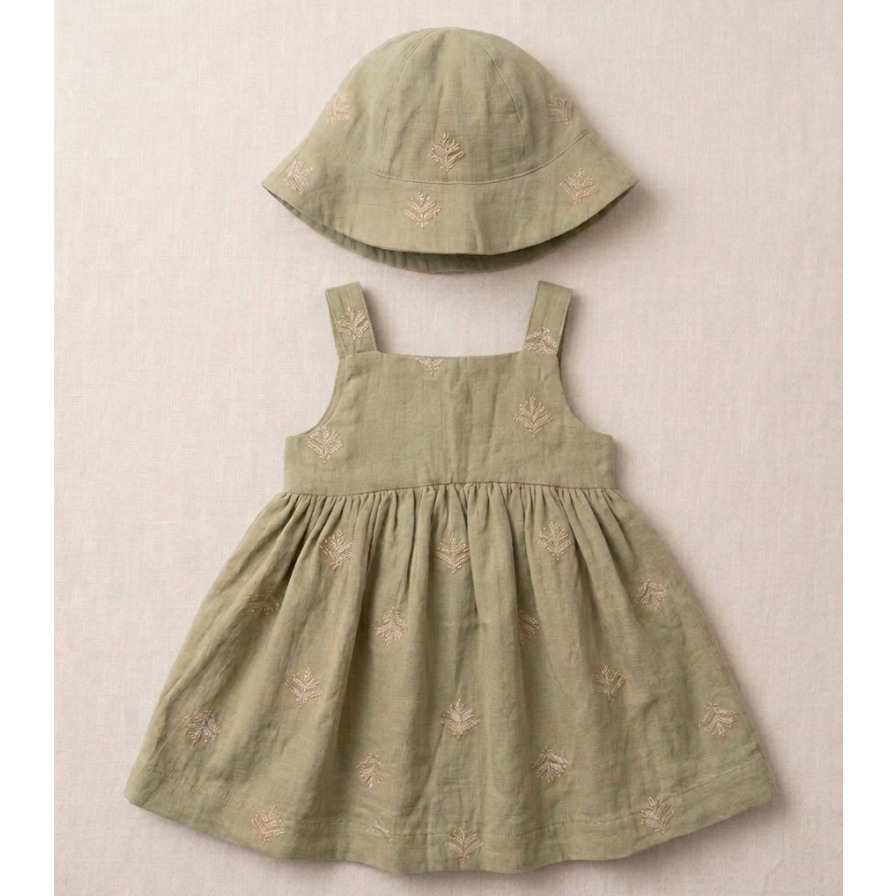 Girls' Premium Sage Moss Embroidered Muslin Dress – Organic Cotton Pinafore &amp; Wide-Brim Sun Hat Set