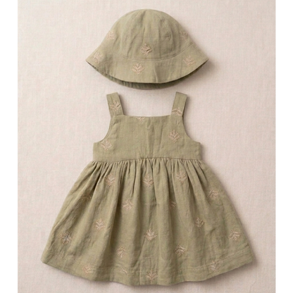 Girls' Premium Sage Moss Embroidered Muslin Dress – Organic Cotton Pinafore &amp; Wide-Brim Sun Hat Set