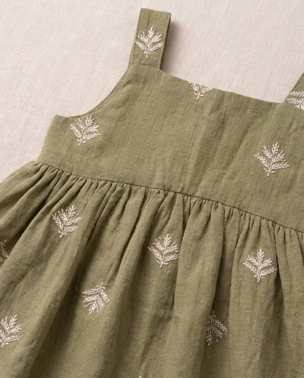 Girls' Premium Sage Moss Embroidered Muslin Dress – Organic Cotton Pinafore &amp; Wide-Brim Sun Hat Set