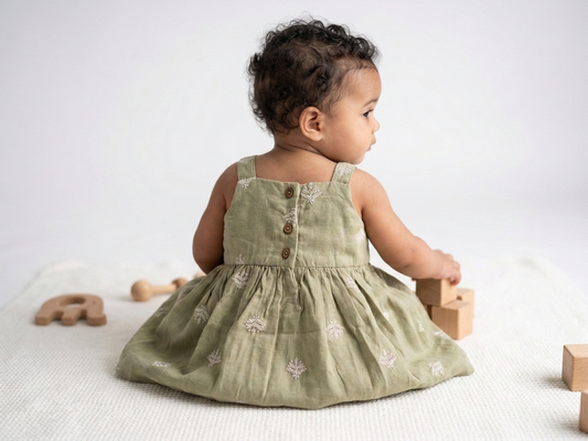 Girls' Premium Sage Moss Embroidered Muslin Dress – Organic Cotton Pinafore &amp; Wide-Brim Sun Hat Set - Serromi