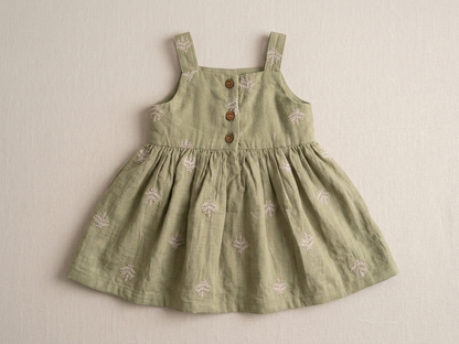 Girls' Premium Sage Moss Embroidered Muslin Dress – Organic Cotton Pinafore &amp; Wide-Brim Sun Hat Set - Serromi