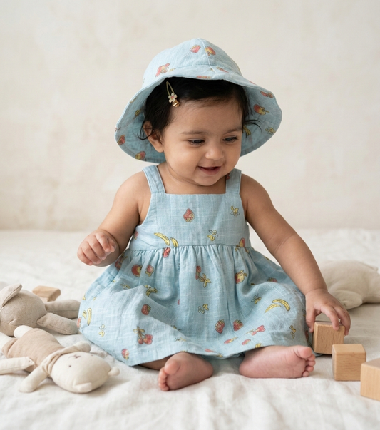 Girls’ Sky-Blue Orchard Muslin Sun Dress – Organic Cotton Fruit Print Pinafore with Matching Sun Hat - Serromi