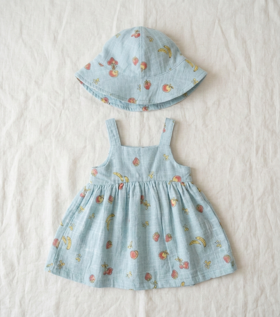 Girls’ Sky-Blue Orchard Muslin Sun Dress – Organic Cotton Fruit Print Pinafore with Matching Sun Hat - Serromi
