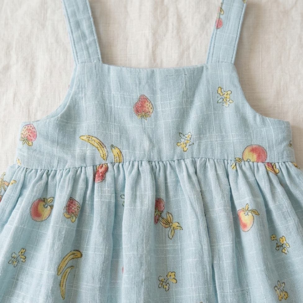 Girls’ Sky-Blue Orchard Muslin Sun Dress – Organic Cotton Fruit Print Pinafore with Matching Sun Hat - Serromi