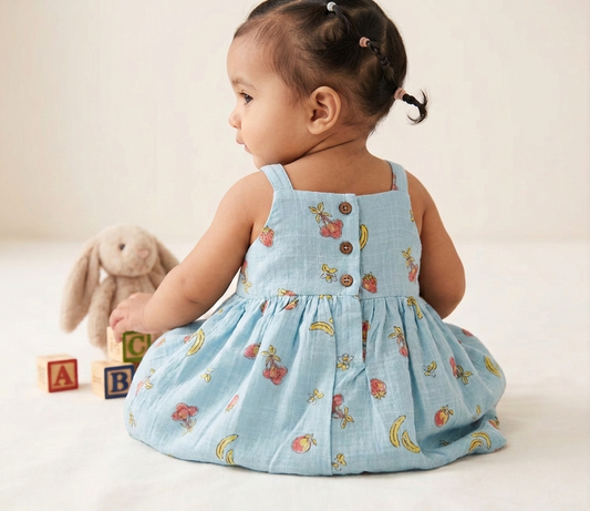 Girls’ Sky-Blue Orchard Muslin Sun Dress – Organic Cotton Fruit Print Pinafore with Matching Sun Hat - Serromi