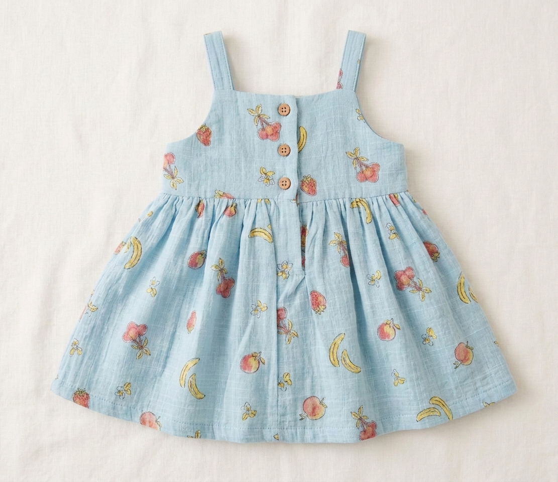 Girls’ Sky-Blue Orchard Muslin Sun Dress – Organic Cotton Fruit Print Pinafore with Matching Sun Hat - Serromi